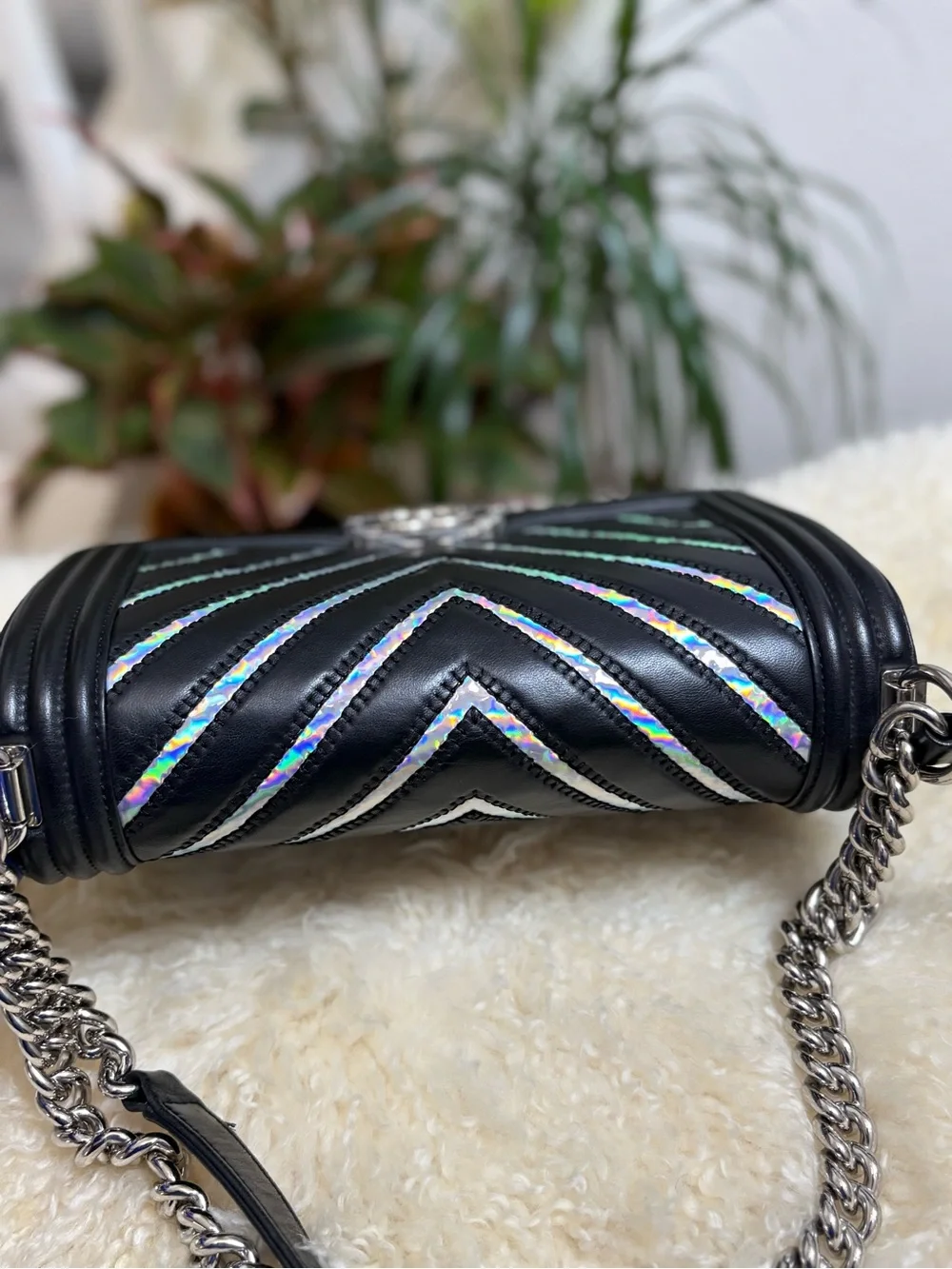 CHANEL Lambskin Iridescent PVC Chevron Quilted Medium Boy Flap Black Silver